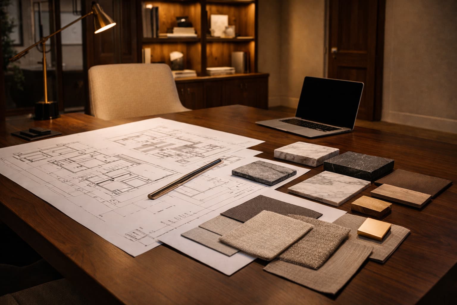 Design studio with architectural drawings and material samples