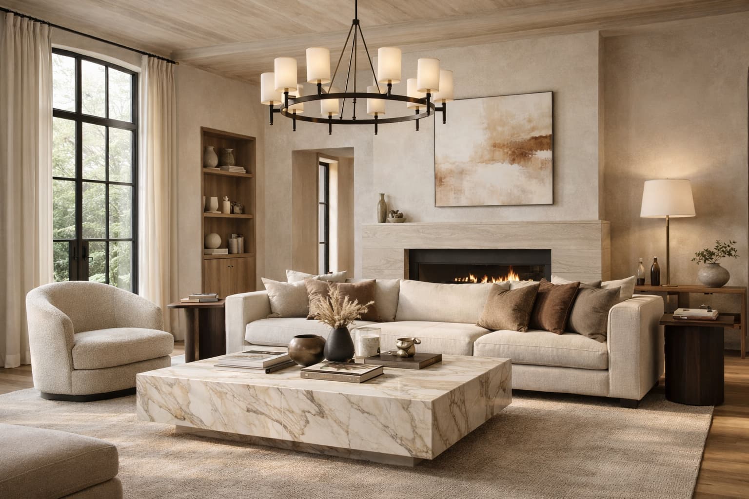 Refined luxury interior with warm lighting and considered materiality