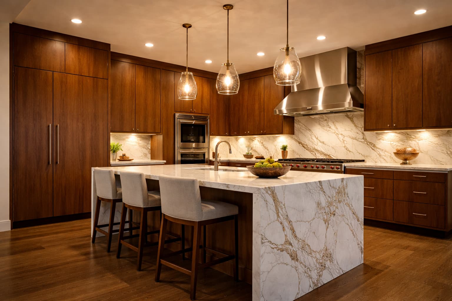 Luxury kitchen with panel-ready appliances and marble island