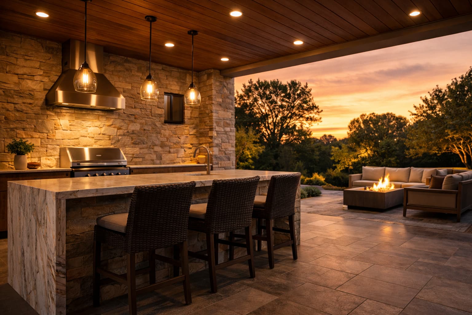Luxury outdoor living space at golden hour
